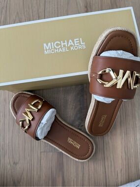 Michael Kors Brown Leather Logo Slide Sandals with Gold Hardware